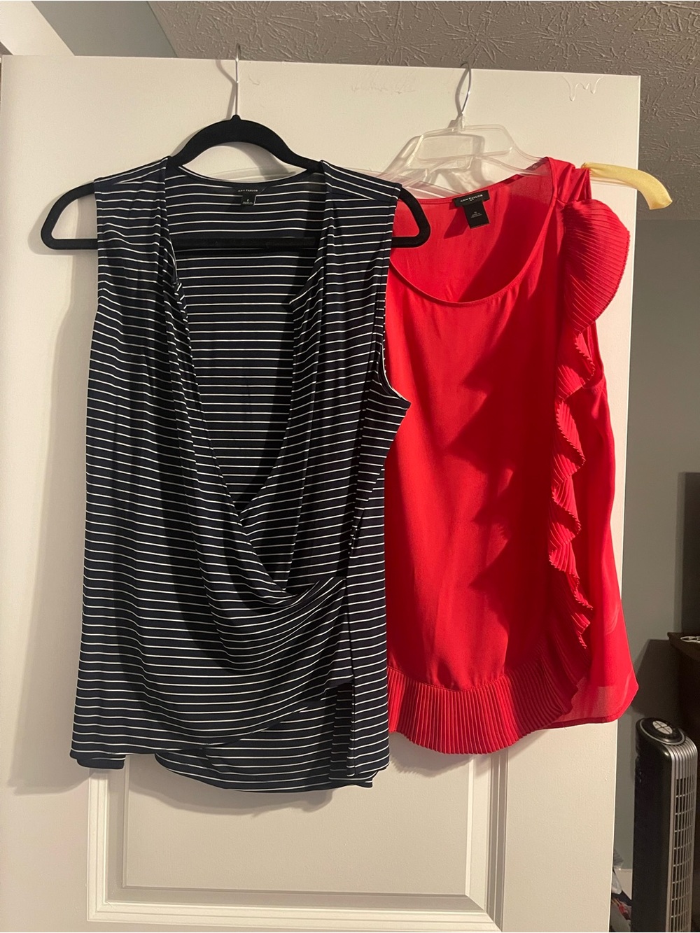 Ann Taylor Red Ruffle-Sleeve Top & navy striped top